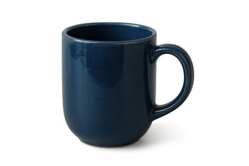 Blue ceramic mug with handle on transparent background for kitchenware and beverage concepts