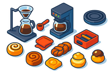 Coffee Equipment & Treats. Isometric vector illustration set Coffee Equipment and Breakfast Treats: drip stand, brew station,