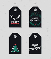 Collection of four vintage Christmas and New Year gift tags. Set of festive gift tag, sticker, label. Template for banner, invitation, postcard, card, wrapping, packaging. Vector illustration.