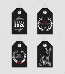 Collection of four vintage Christmas and New Year gift tags. Set of festive gift tag, sticker, label. Template for banner, invitation, postcard, card, wrapping, packaging. Vector illustration.
