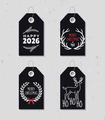 Collection of four vintage Christmas and New Year gift tags. Set of festive gift tag, sticker, label. Template for banner, invitation, postcard, card, wrapping, packaging. Vector illustration.