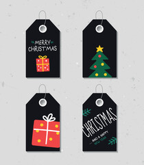 Collection of four vintage Christmas and New Year gift tags. Set of festive gift tag, sticker, label. Template for banner, invitation, postcard, card, wrapping, packaging. Vector illustration.