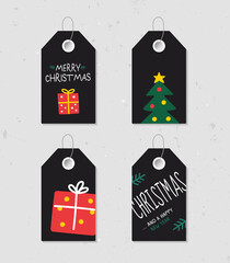 Collection of four vintage Christmas and New Year gift tags. Set of festive gift tag, sticker, label. Template for banner, invitation, postcard, card, wrapping, packaging. Vector illustration.