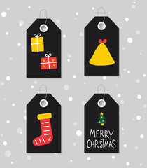 Collection of four vintage Christmas and New Year gift tags. Set of festive gift tag, sticker, label. Template for banner, invitation, postcard, card, wrapping, packaging. Vector illustration.