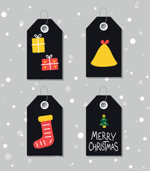Collection of four vintage Christmas and New Year gift tags. Set of festive gift tag, sticker, label. Template for banner, invitation, postcard, card, wrapping, packaging. Vector illustration.