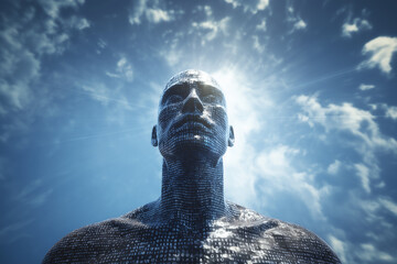 Hyper-Realistic Binary-Skinned Digital Human Levitating Under Radiant Sky Rays