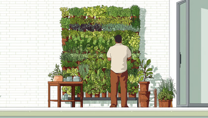 Urban Gardener Caring for Lush Vertical Balcony Oasis with City View