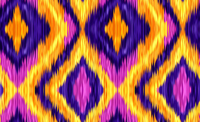 Colorful abstract ikat seamless pattern with silky texture and traditional tribal motif composition