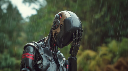 Melancholic Humanoid Robot in Rain with Head Bowed in Sorrow
