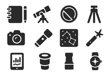 Astronomy Tool Icons. Solid style icons of Astronomer tools and equipment: notebook, pencil, telescope mount, lens cap, tripod,