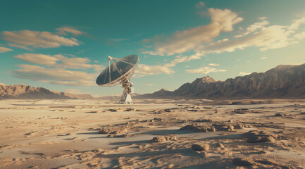 Giant Radio Telescope Standing Alone in Vast Desert Under Clear Blue Sky