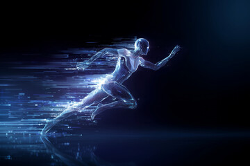 Radiant Digital Human Figure Bursting with Energy and Flowing Data Streams