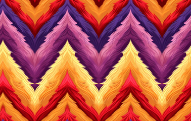 Chevron style seamless ikat pattern with featherlike details and vibrant red yellow purple color blend