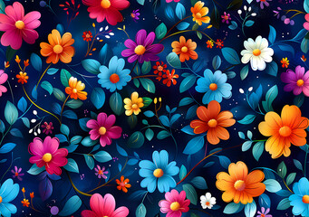 Seamless floral design with layered bright flowers and teal leaves on a deep rich dark background