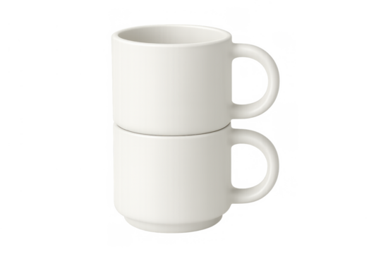 Two white ceramic mugs stacking on a transparent background, ready for hot drinks like coffee or tea