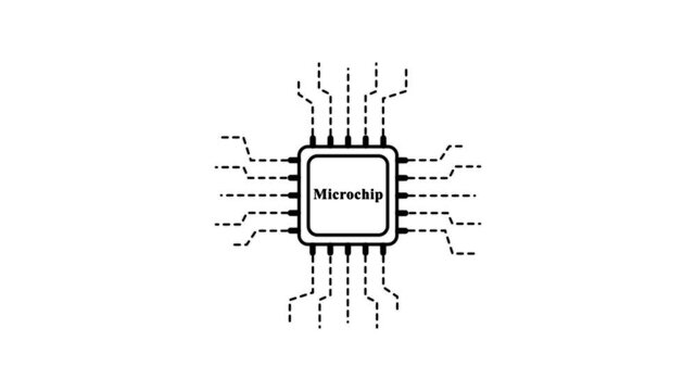 Microchip icon with dashed circuit lines on white background . technology loading animation with processor icon shape.