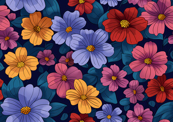 Seamless colorful floral illustration with vivid blooming flowers and decorative green leaves on dark background