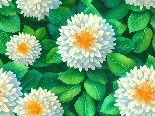 Seamless floral pattern with white dandelion flowers and fresh green leaves on a dark natural background