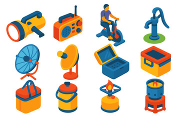 Fototapeta premium Sustainable Energy Icons. Isometric vector illustration set Energy and Sustainability: wind-up flashlight, hand-crank radio, pedal