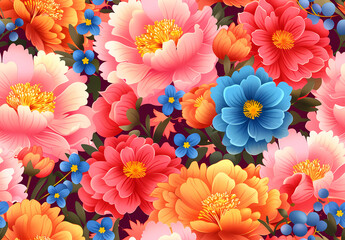 Colorful peonies and blue blossoms seamless floral pattern with contrast background and botanical balance