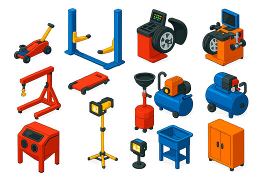 Mechanical Workshop Icons. Isometric vector illustration set Mechanical Workshop Equipment: hydraulic jack, car lift, tire