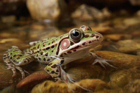 Portrait of Northern Leopard Frog (Lithobates pipiens) in Serene Water Stream, Ledges State Park, Iowa, USA