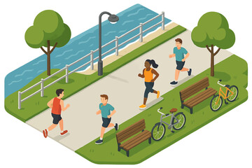 Fototapeta premium Group of young adults jogging in park by river with bicycles and benches