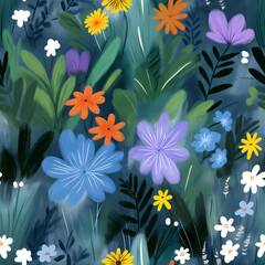 Hand painted style seamless floral pattern with bold colorful flowers and leaves in rich deep tones