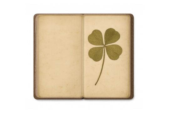 Four leaf clover pressed in an old book, a symbol of good luck, fortune, and irish heritage, isolated on transparent background