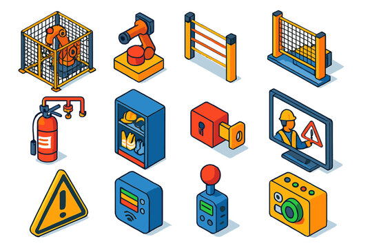 Industrial Safety Icons. Isometric vector illustration set Industrial Safety Automation: robotic arm with safety guard, emergency