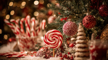 Festive candy cane decorations in a cozy winter holiday scene
