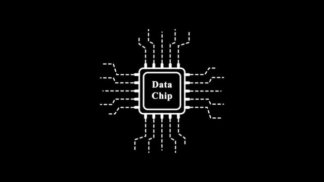 Data chip icon on black background with dashed circuit lines . technology loading animation with processor icon shape.