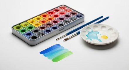 Watercolor Paint Set with Brush and Color Swatches on White Background