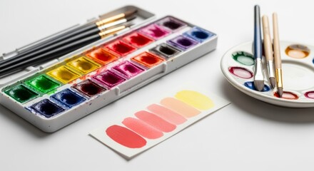 Watercolor Paint Set with Brush and Color Swatches on White Background