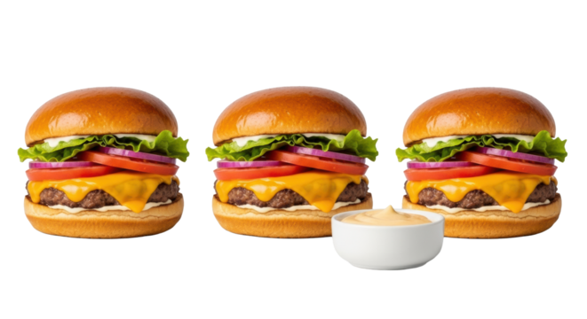 Three gourmet cheeseburgers with melted sharp cheddar, brioche buns, crisp lettuce, heirloom tomatoes, red onion, with artisanal aioli ramekin on transparent, 45-degree, commercial food concept