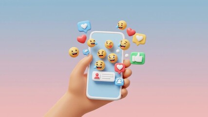 A hand holds a smartphone displaying social media icons and happy emojis - Powered by Adobe
