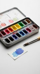 Watercolor Paint Set with Brush and Color Swatches on White Background
