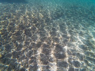 Sunlight patterns ripple across the rocky and sandy seabed in the clear turquoise water of Calanques, Marseille, France.