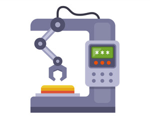 Robotic arm machine at the factory. Flat vector illustration.