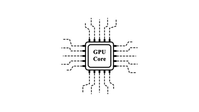 Black GPU Core Icon With Dashed Circuit Lines On White . technology loading animation with processor icon shape.