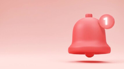 A minimalist red 3D notification bell with a white "1" icon against a pastel pink background