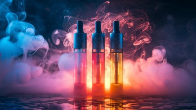 Three electronic cigarettes with various flavored liquids standing on a wet, reflective surface while colorful blue and red smoke swirls around them, creating a vibrant and moody atmosphere
