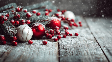 Christmas composition with spruce branches, red berries, and silver ornaments on rustic wooden background.