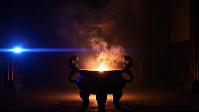 Mystical ritual cauldron with enchanting flames and mysterious blue light beam