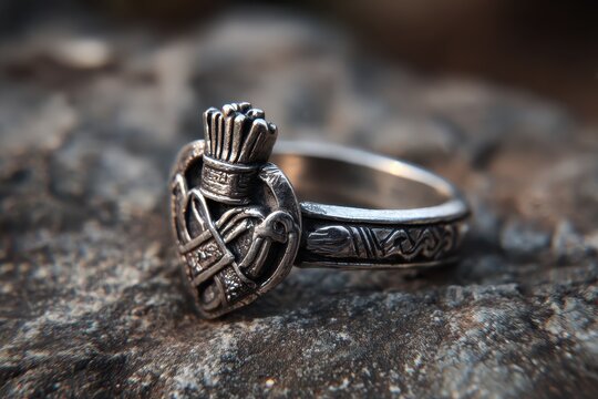 Traditional Silver Irish Claddagh Ring: Close-Up on a Timeless Symbol of Love, Friendship, and Loyalty in Rich Historical Context