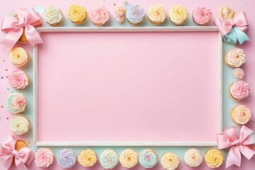 Pink frame decorated with festive cupcakes topped with colorful cream and bows on pastel pink background with copy space. Ideal for party, celebration, bakery, advertising, birthday, greetings, pastry