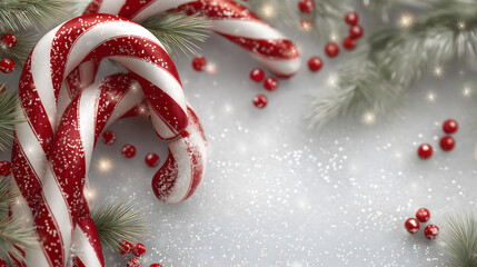 Background of candy cane, ice and fir, concept Christmas. Copy Space