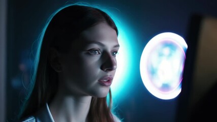 Woman deep in thought analyzing digital globe projection in technology environment - Powered by Adobe