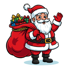 Santa Claus Waving with Gift Sack – Jolly Christmas Character Holding Presents Cartoon Vector Illustration