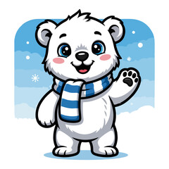 Cute Polar Bear in Scarf – Adorable White Cub Waving in Snow Cartoon Vector Illustration